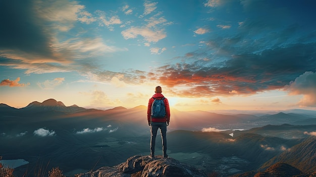 Joven en el pico de la montaña contemplando el cielo del atardecer