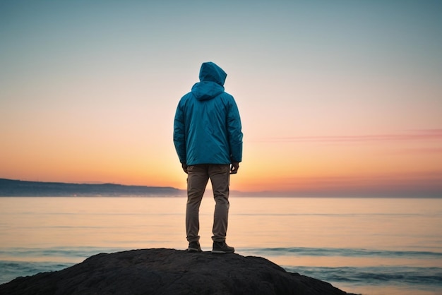 Foto un joven está de pie en el borde y mira la puesta de sol