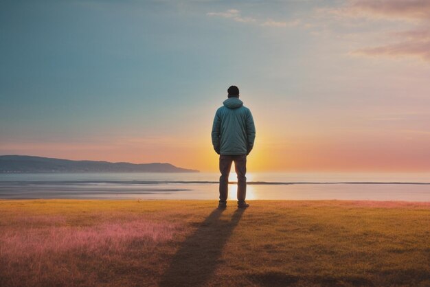 Foto un joven está de pie en el borde y mira la puesta de sol