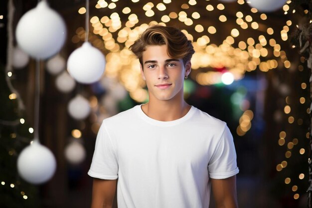 Foto un joven de pie frente a un árbol de navidad