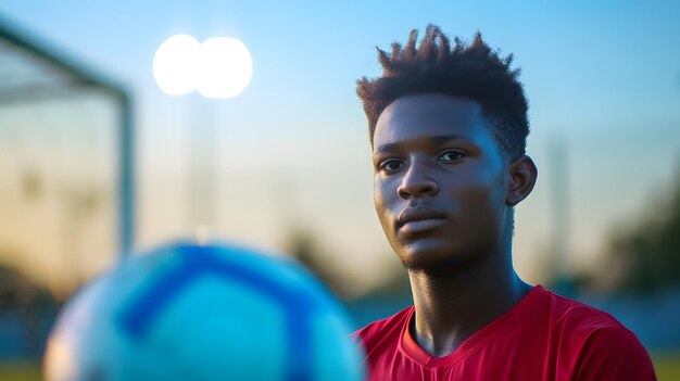 Un joven de pie frente a una pelota de fútbol