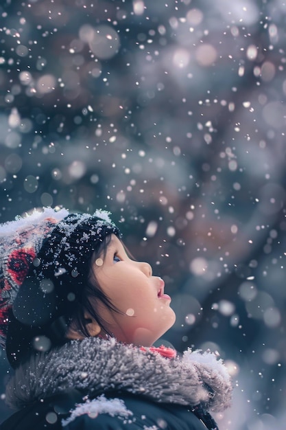 Foto una joven de pie en la nieve mirando hacia arriba perfecto para temas de invierno