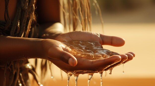 Una joven de piel oscura sostiene agua en sus manos masa de tierra africana IA generativa