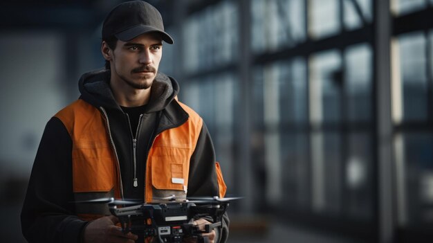 Joven piloto de drones en el control de trabajo