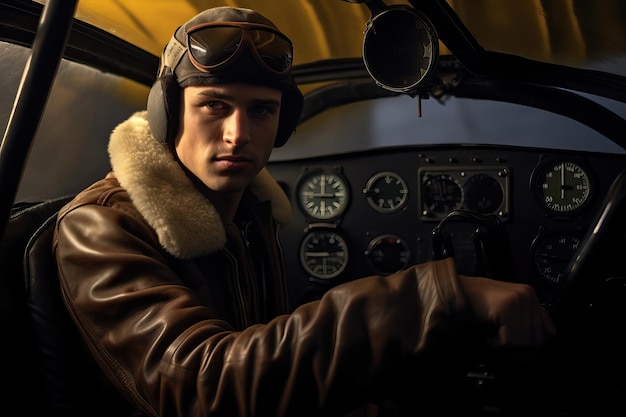 Joven piloto de época en la cabina de un avión al estilo del siglo XX