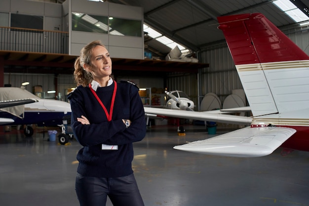 Joven piloto posando sonriendo en el hangar rodeado de aviones