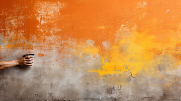 Foto un joven pinta una pared en naranja brillante con un rodillo obras de acabado de construcción