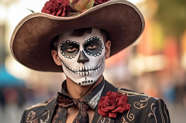 joven, con, pintado, cráneo, en, el suyo, cara, aire libre, celebración, de, méxico, día de los muertos