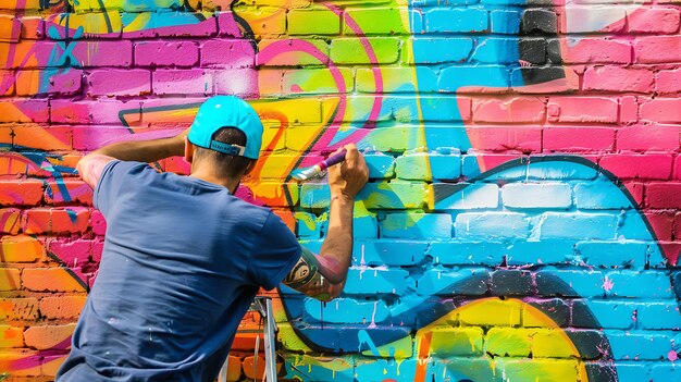 Foto un joven está pintando un mural en una pared de ladrillo lleva un sombrero azul y una camisa azul el mural es colorido y abstracto