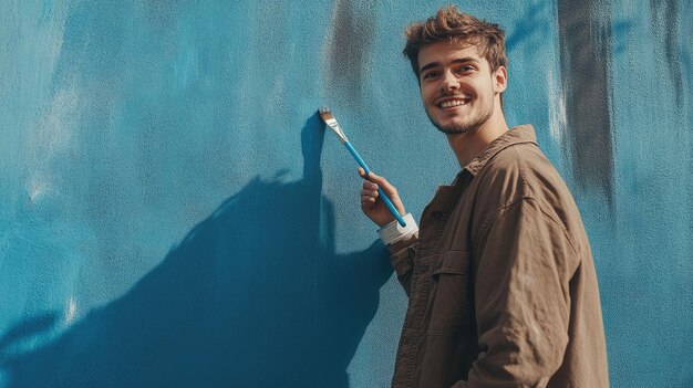 Un joven pintando la pared gris en color azul con un pincel