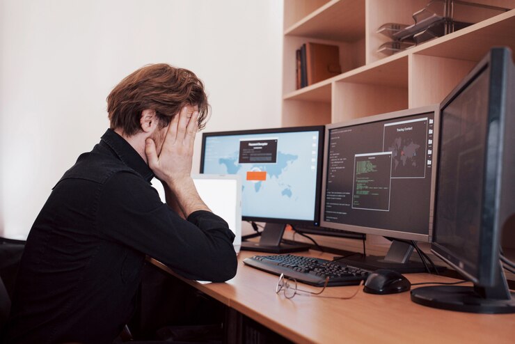 Foto el joven pirata informático peligroso desglosa los servicios gubernamentales al descargar datos confidenciales y activar virus. un hombre usa una computadora portátil con muchos monitores