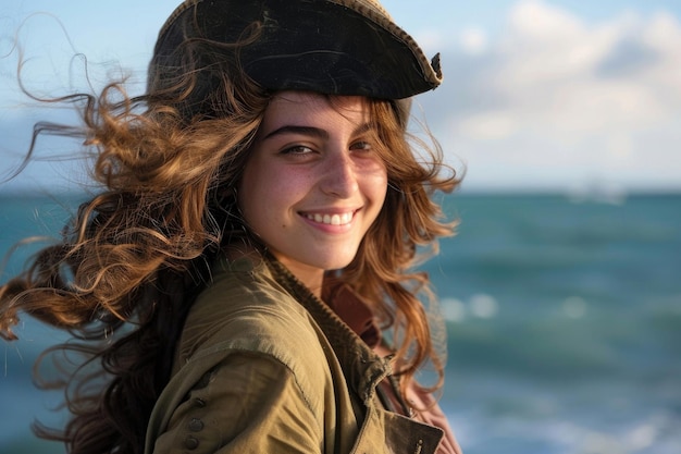 Una joven pirata mujer sonriente con un sombrero contra un fondo oceánico con el cabello barrido por el viento