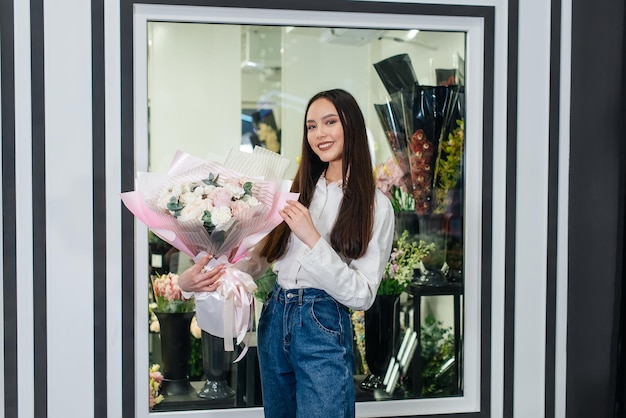 Una joven posa con un hermoso ramo festivo en el contexto de una acogedora florería Floristería y elaboración de ramos en una floristería Pequeña empresa