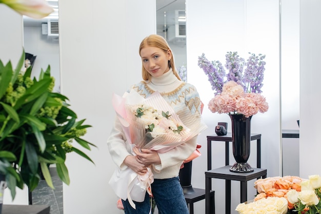 Una joven posa con un hermoso ramo festivo en el contexto de una acogedora florería Floristería y elaboración de ramos en una floristería Pequeña empresa