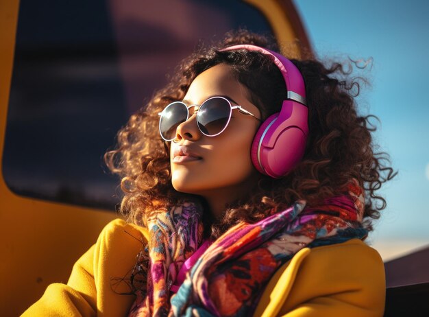 una joven posando con auriculares en el fondo azul