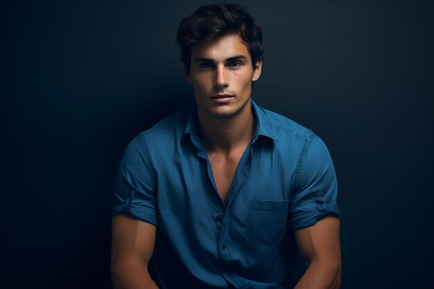 Un joven posando con camisa azul foto de archivo