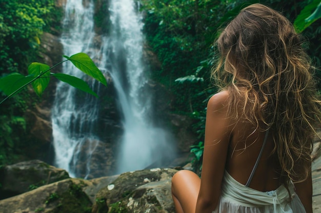 joven posando cerca de la cascada de la jungla vista trasera