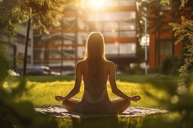 Una joven practicando yoga en la hierba verde exuberante hecha con IA generativa