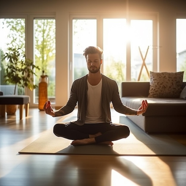 Un joven practicando yoga en una sala de estar luminosa llena de energía serena