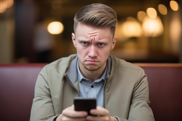 Un joven preocupado mirando su teléfono inteligente