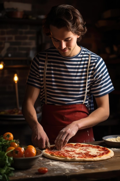 Foto joven preparando pizza