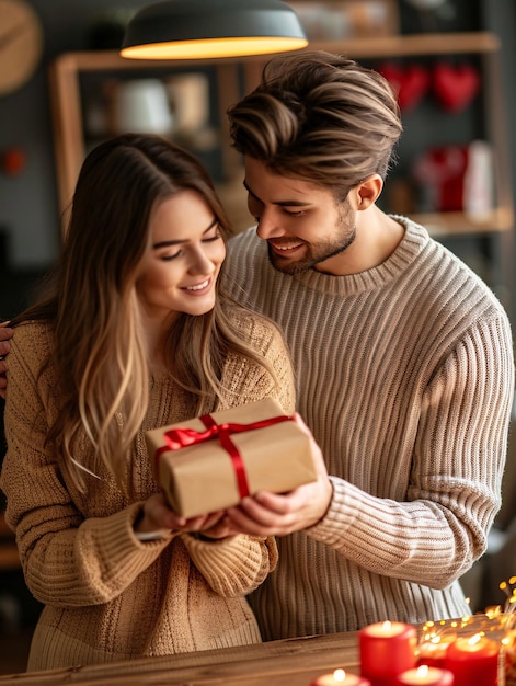 Un joven presenta un regalo a su pareja durante una festividad del Día de San Valentín en su residencia