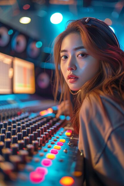 Foto joven productora de sonido trabajando en la consola de mezcla en un estudio de grabación de sonido