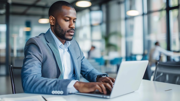 Foto joven profesional afroamericano confiado en un traje trabajando en una computadora portátil en una oficina moderna