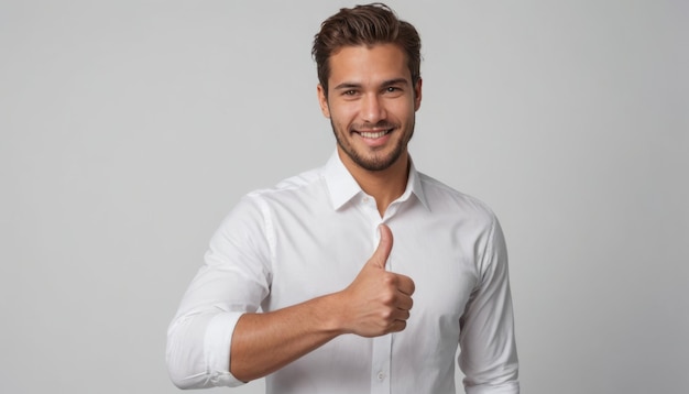 Foto un joven profesional con una cálida sonrisa da un pulgar hacia arriba vestido con una camisa blanca formal para un