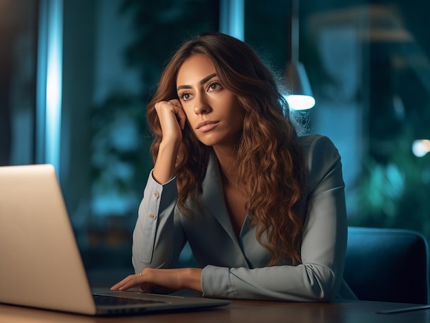 Una joven profesional latina empleada como mujer de negocios en una oficina está sentada diligentemente