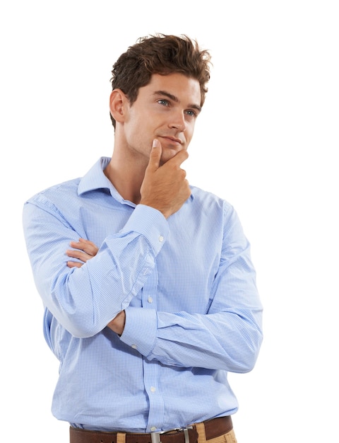 Joven profesional pensando aislado en un fondo blanco contemplando un trabajo de carrera o decisión laboral emoji Maravilla contemplando y persona de negocios o modelo de ideas o inspiración en el estudio