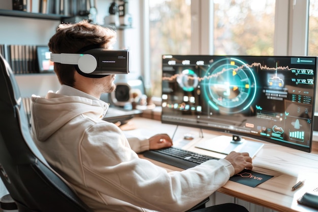 Joven profesional que utiliza la tecnología VR en un entorno de oficina de alta tecnología con múltiples pantallas para