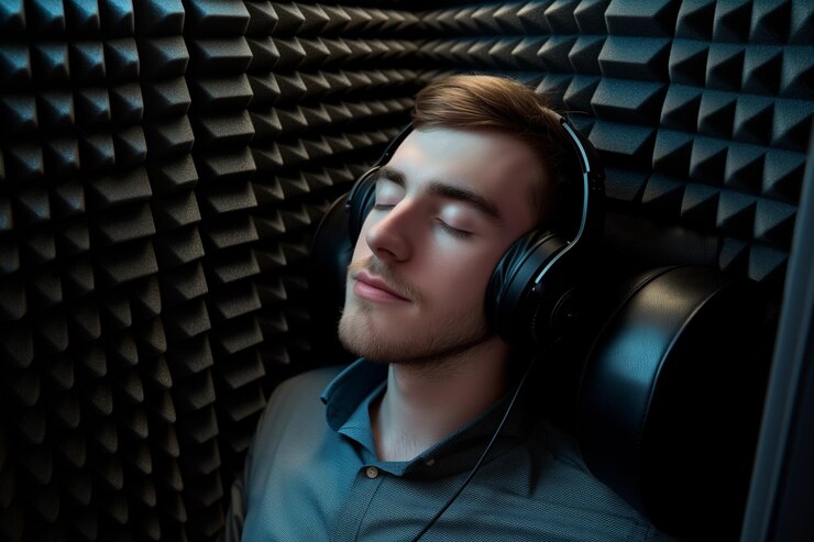 Joven profesional relajándose en una cabina a prueba de sonido con auriculares con los ojos cerrados