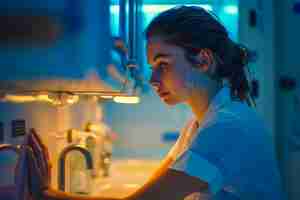 Foto una joven profesional de la salud se lava las manos en un hospital con iluminación azul