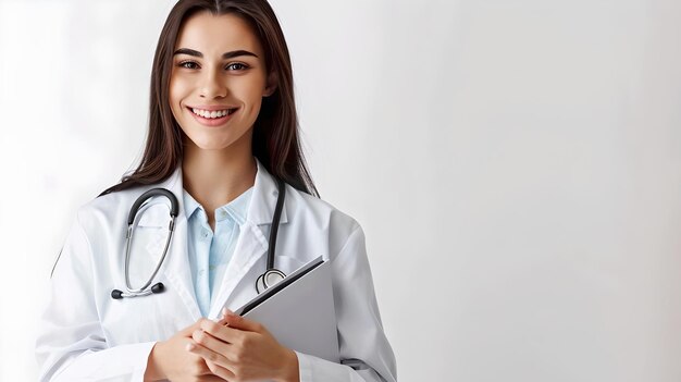 Foto una joven profesional de la salud posa con confianza sonriendo con un abrigo blanco con un estetoscopio sosteniendo un clipboard ideal para contenido médico ai