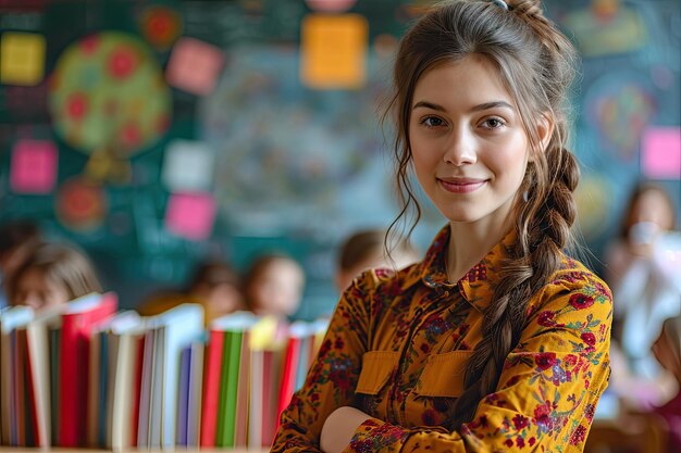 Un joven profesor con una sonrisa amistosa y una blusa colorida se encuentra con confianza en un aula con antecedentes educativos borrosos