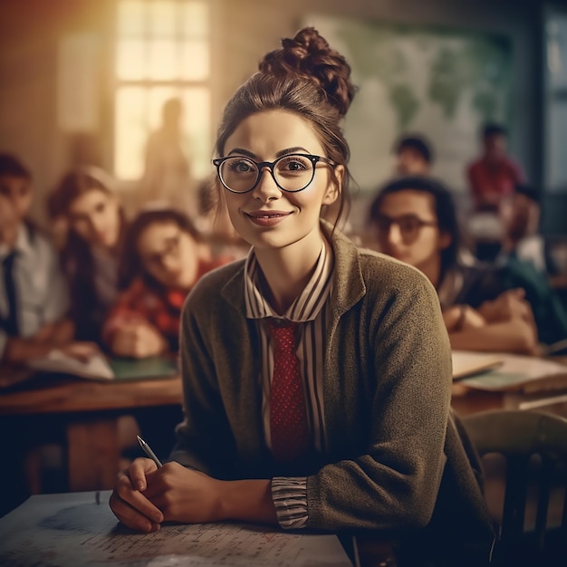 Joven profesora sonriente con gafas en el aula