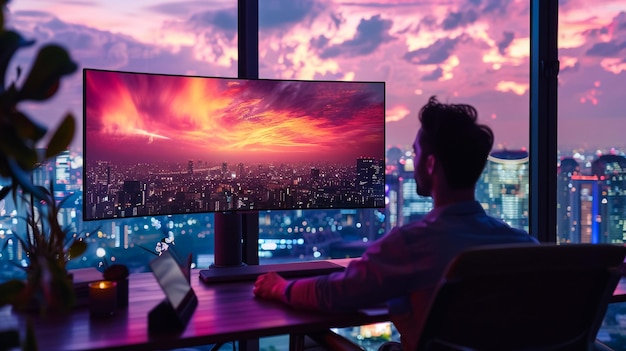 Un joven programador está codificando en una computadora portátil en la oscuridad sentado en una ventana con una vista de las luces de la ciudad nocturna iluminación de colores en la habitación decoración del hogar