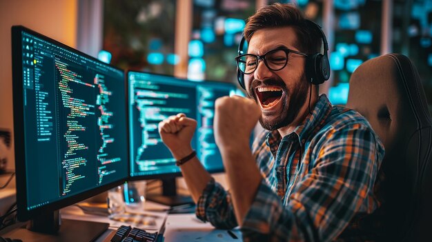 Foto joven programador feliz sin errores en el código