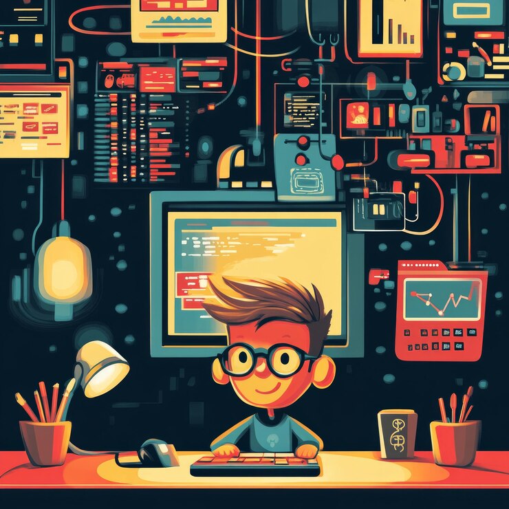Foto un joven programador con gafas trabaja en una computadora con datos y código en la pantalla