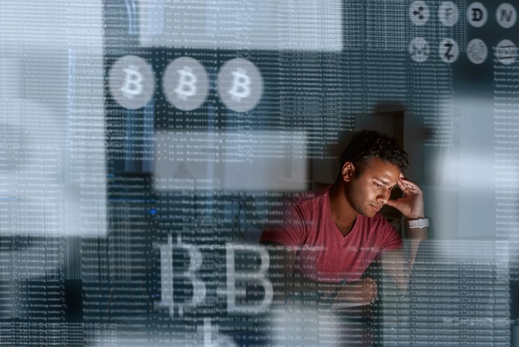 Foto joven programador indio pensando en cómo obtener más criptomonedas