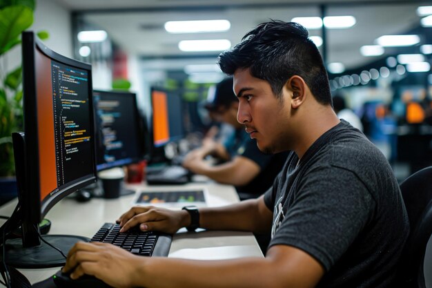 Un joven programador latino adulto está escribiendo código en su computadora en una oficina ocupada.