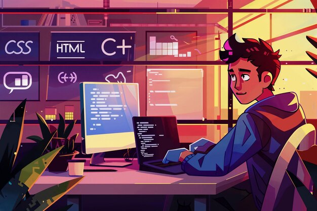 Joven programador programando en una computadora portátil con coloridas vistas al atardecer e íconos tecnológicos