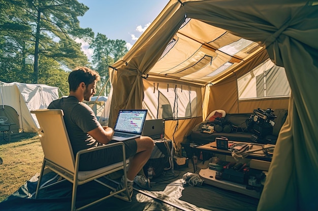 Joven programador sentado en una mesa en una tienda y codificando con una computadora portátil trabajando remotamente en un campamento en