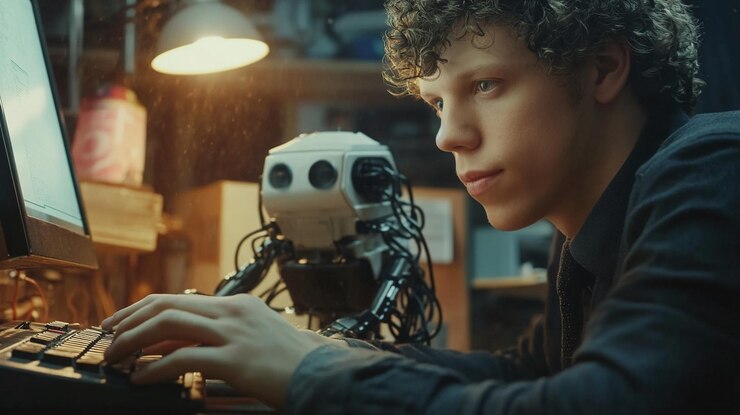 Foto joven programador trabaja en código con un compañero robot