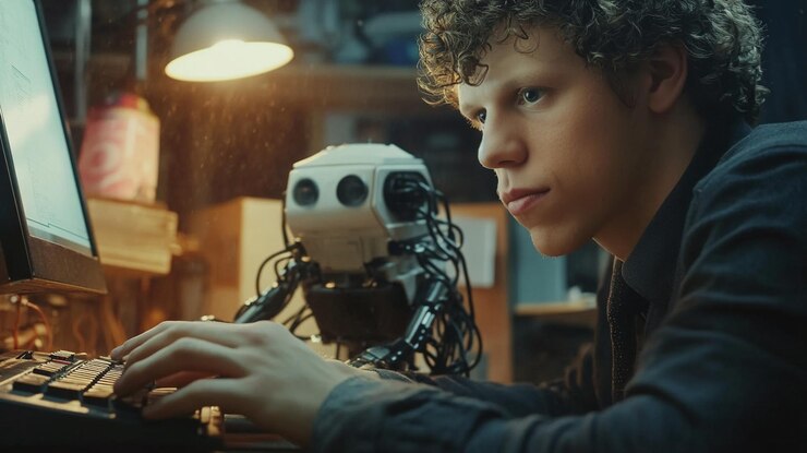 Foto un joven programador trabaja con un robot compañero
