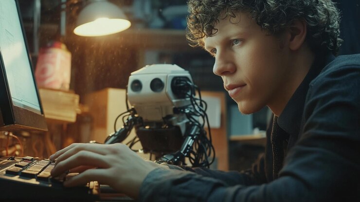 Foto joven programador trabajando en el código de diseño de robots