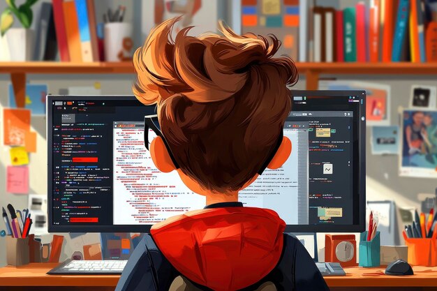 Joven programador trabajando en un proyecto de codificación en un escritorio