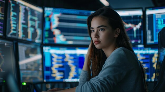 Una joven programadora confiada, especialista en TI que se ocupa de la codificación de software y la ciberseguridad, rodeada de grandes pantallas de computadoras digitales en la oficina.