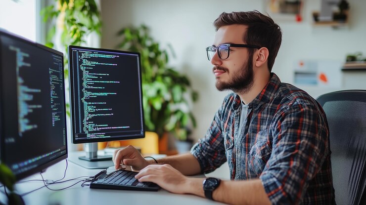 Foto un joven programando en un espacio de trabajo bien iluminado con múltiples monitores y plantas verdes a su alrededor durante el día